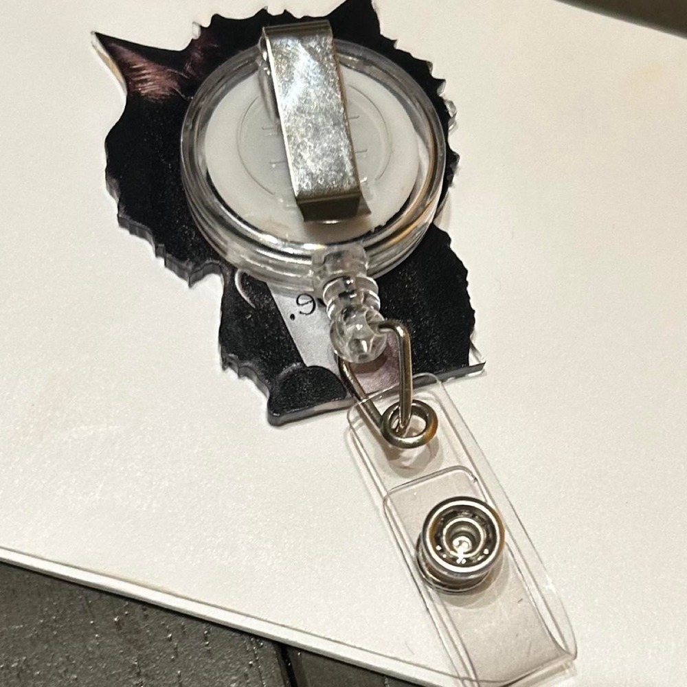Grumpy Black Cat Holding Cup, Retractable Name Badge Holder, For work or school - Picture 2 of 2